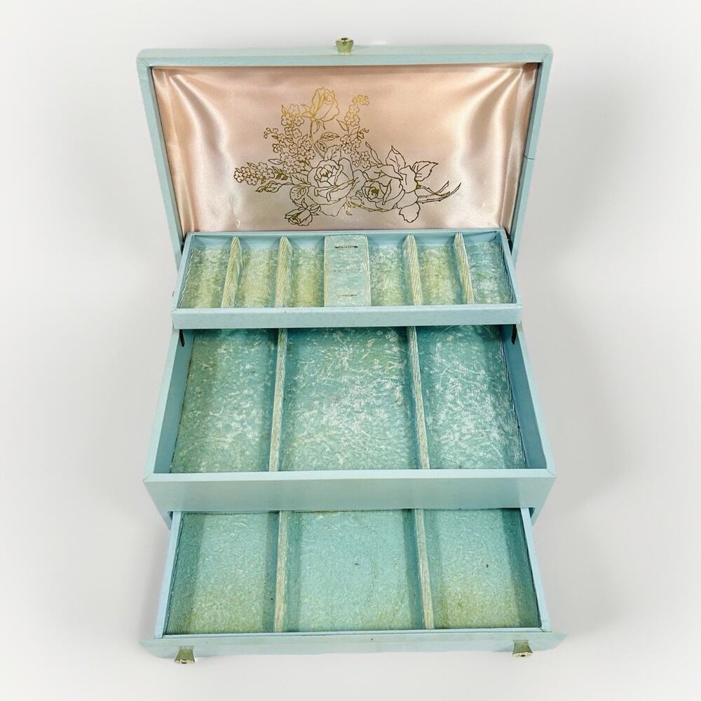 Vintage Lady Buxton Style Jewelry Box Chest MCM Blue Faux Leather Velvet Lined